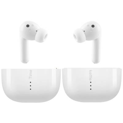Two white wireless earbuds with ear tips and two matching charging cases labelled 'Time' and 'Kettle'.