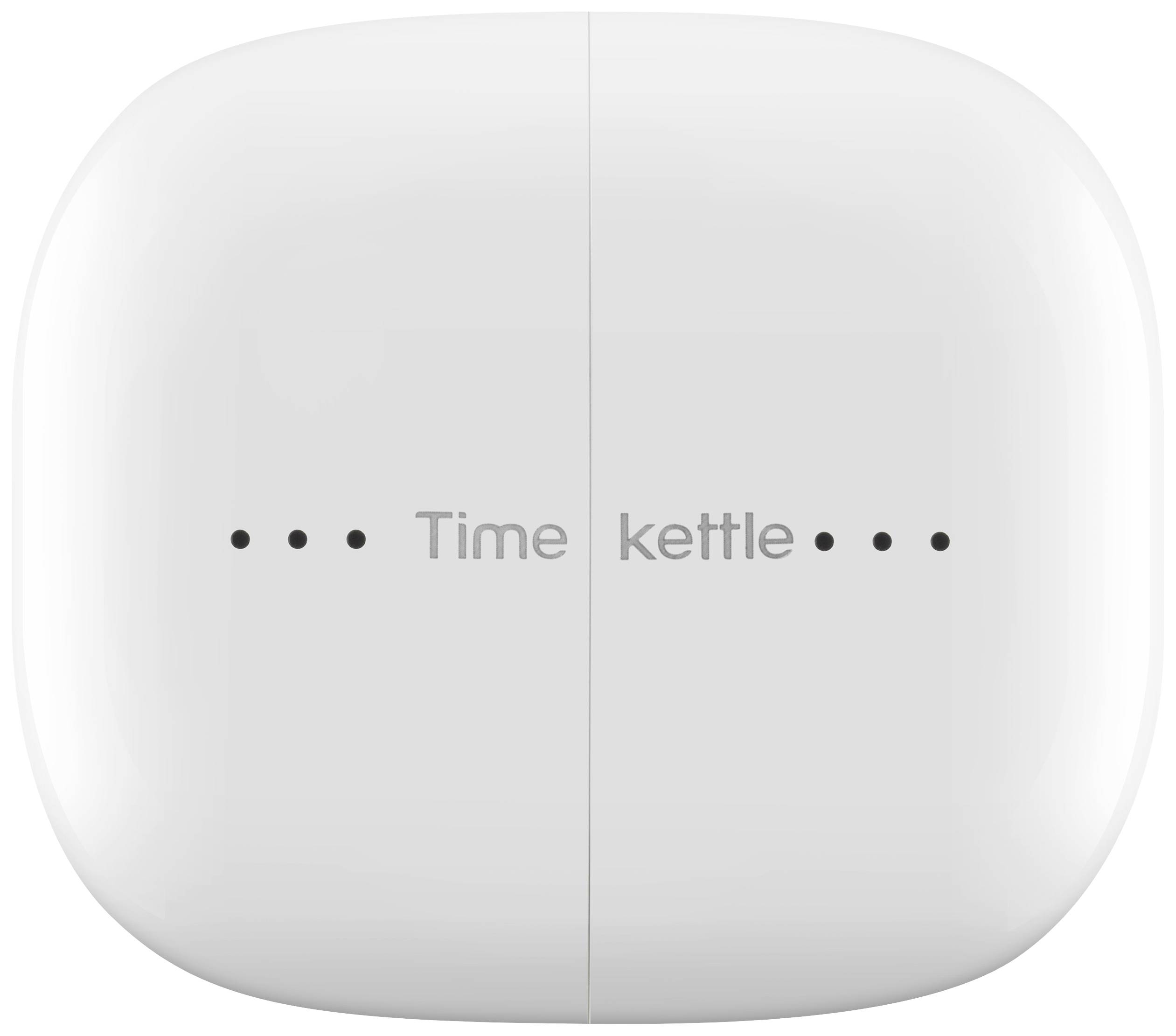 White, compact charging case with 'Time kettle' inscription, possibly for wireless earbuds.