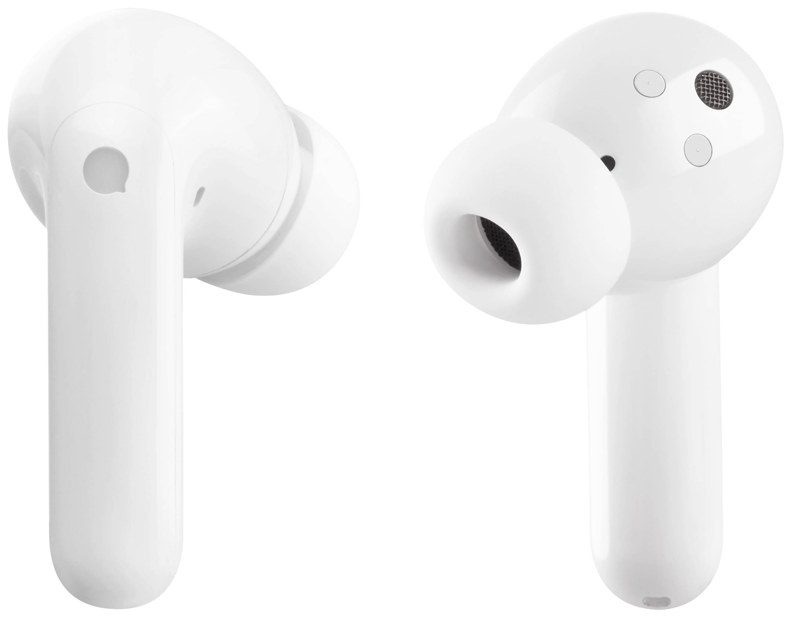 Two white wireless earbuds with smooth surfaces and round speaker grilles, shown side by side.