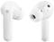 Two white wireless earbuds with smooth surfaces and round speaker grilles, shown side by side.