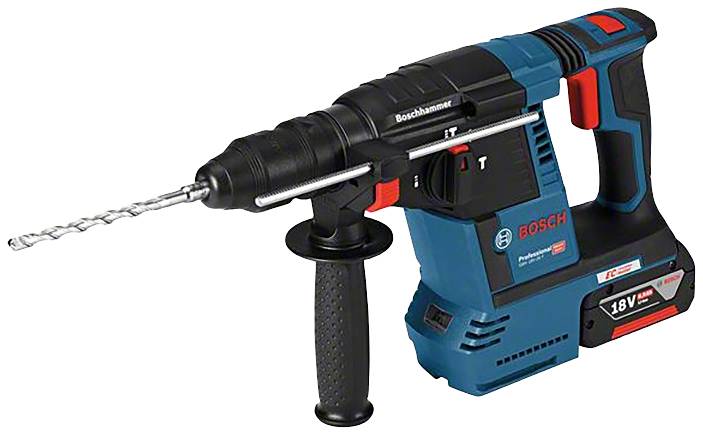 Blue and black electric hammer drill with a red switch and silver drill bit, ready for use.