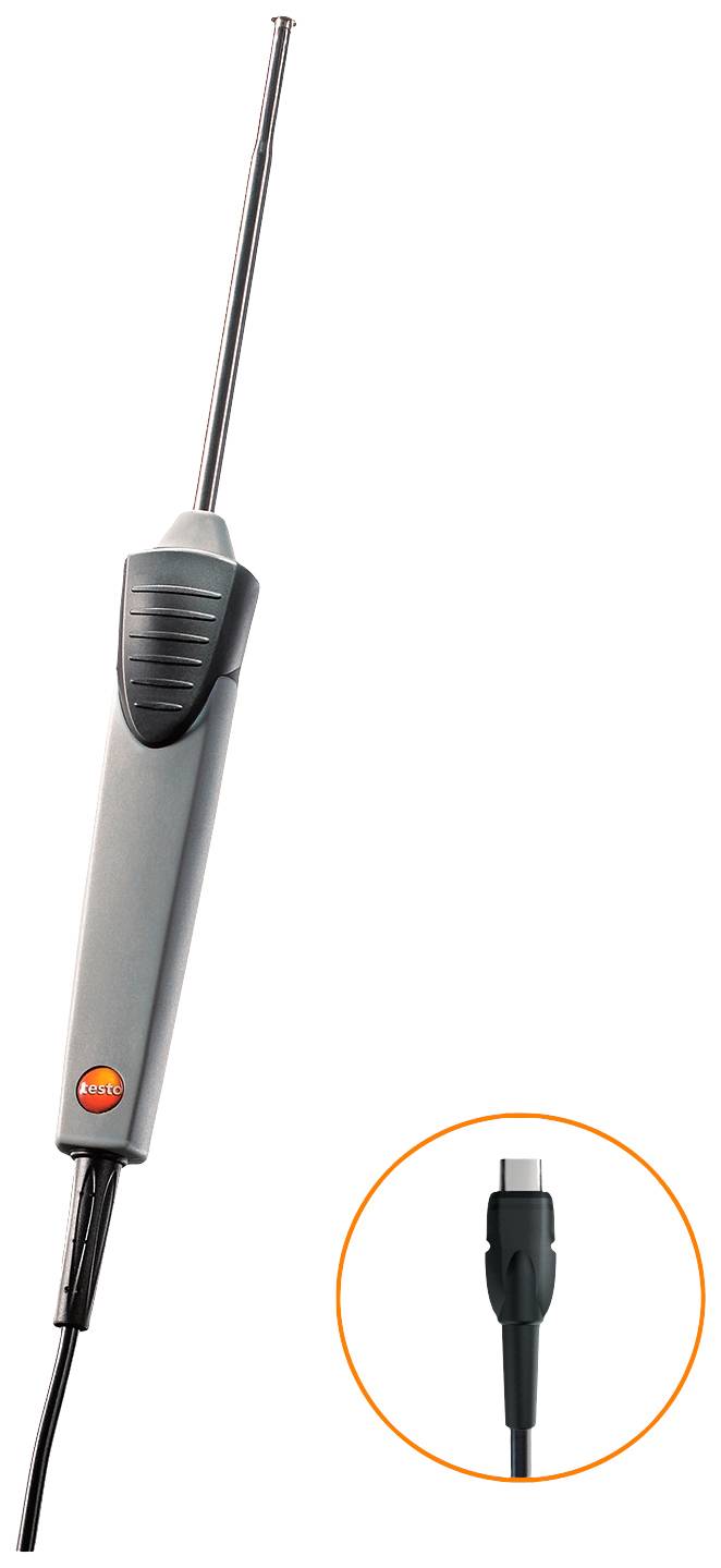 Handheld digital thermometer with long metal probe and attached cable, with a circular inset showing the connector plug.