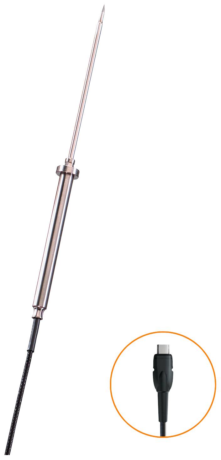 A long metal probe with a cable and a close-up inset of its black connector plug.