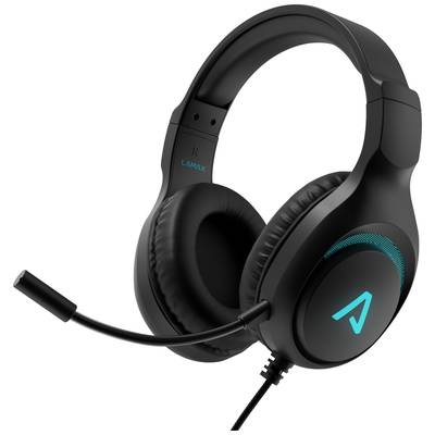 Black gaming headset with microphone, illuminated logo on the ear cup, padded ear cups, and adjustable headband.