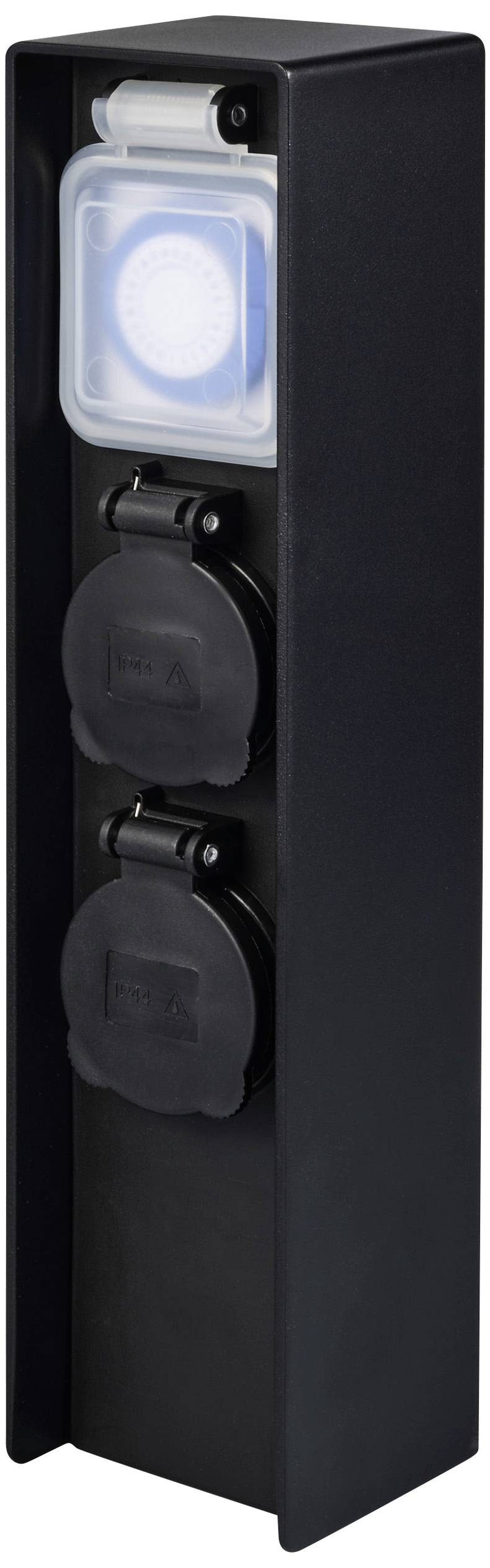 Sygonix SY-6121656 Weatherproof power strip (+ timer) 2x Black Child safety, incl. ground spike, incl. timer