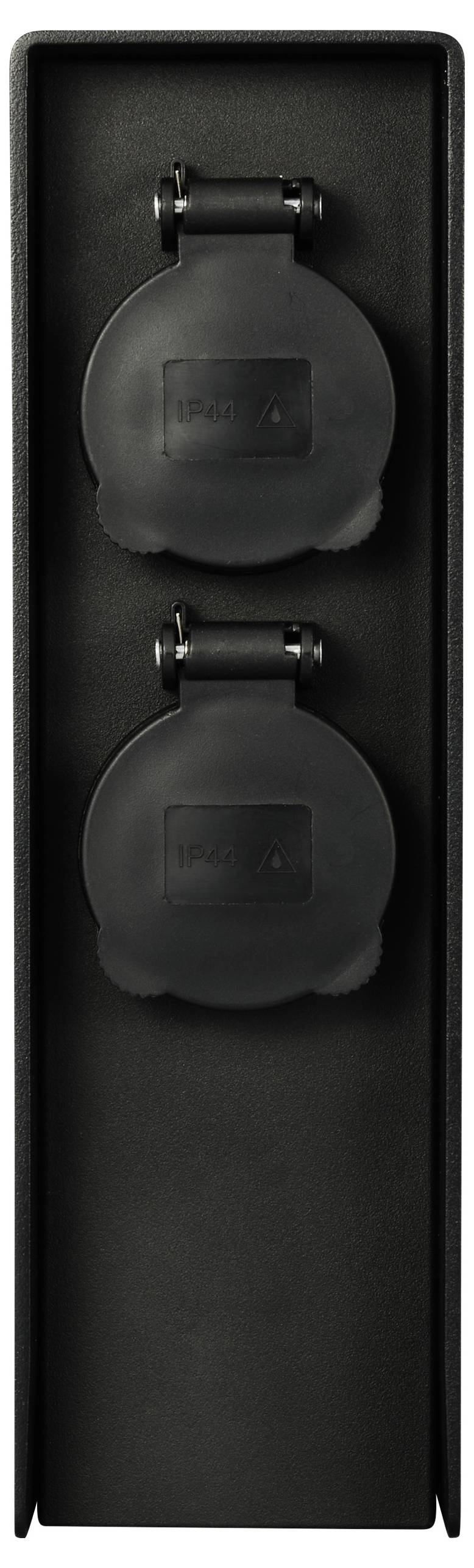 Two black, round lens caps mounted on a wall bracket within a narrow, vertical housing.