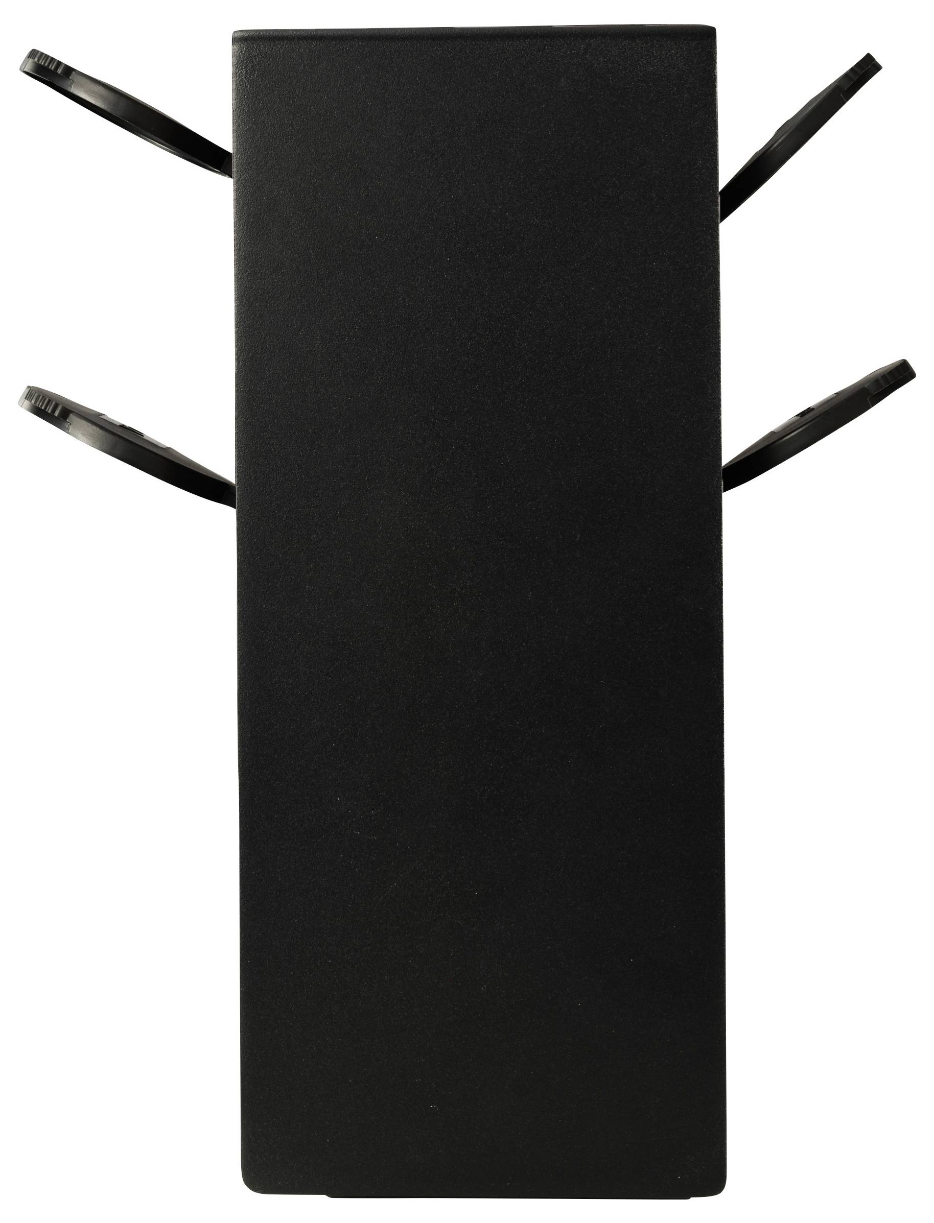 A black rectangular dustbin with three round lids on each side.