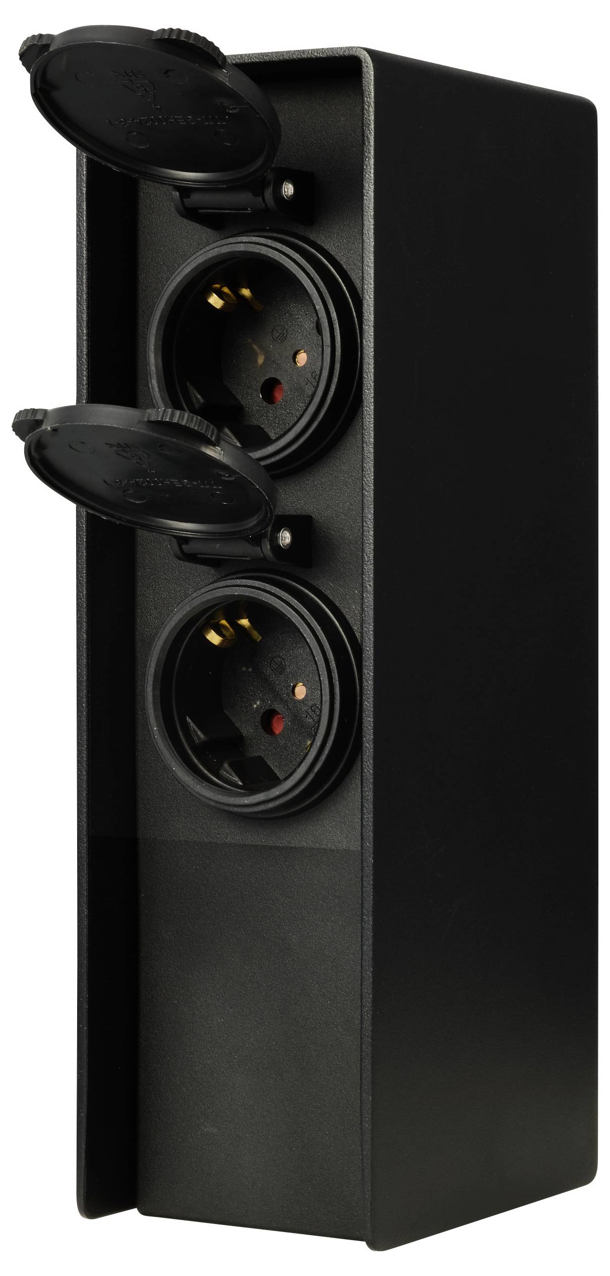 A black plug base with two vertically arranged, open sockets, suitable for outdoor use.