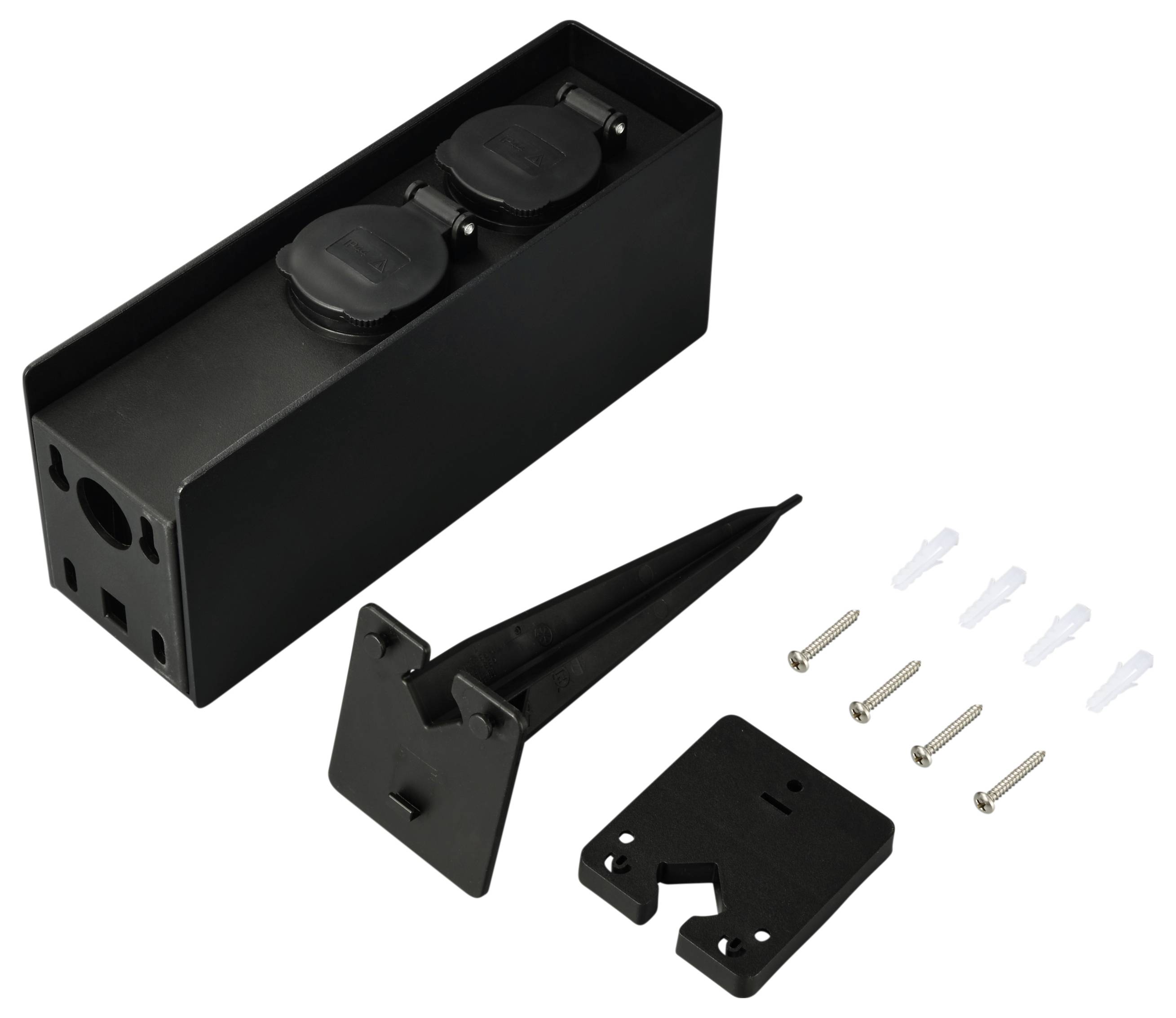 Black, rectangular socket column with two earthed power sockets, ground stake, mounting plate, screws and wall plugs for outdoor use.