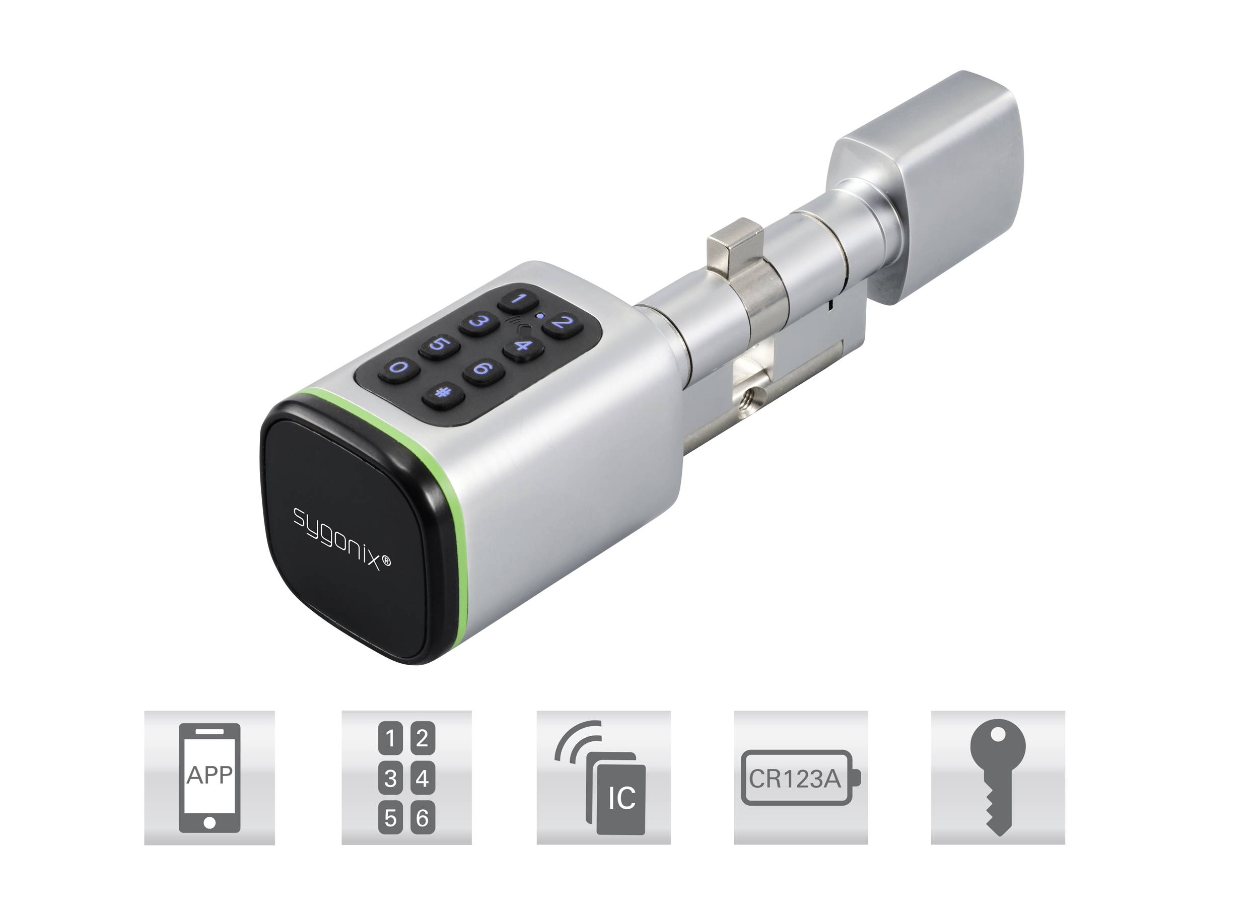 Electronic door lock with keypad; functions available via app, numerical code, chip card, CR123A battery, and key.