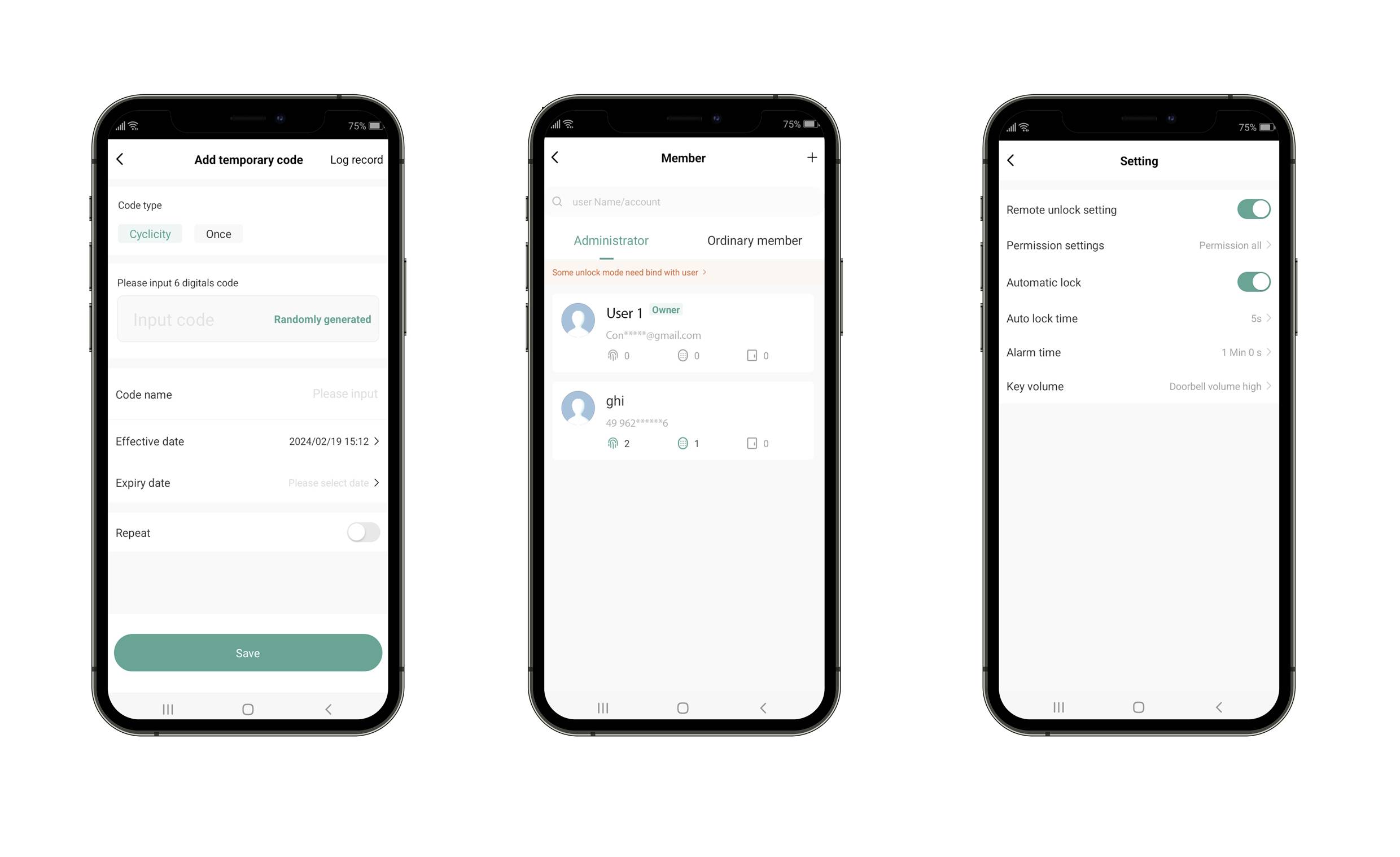 Three smartphone screens display app settings: code generation, member management with admin and members, and main app settings including unlocking and volume options.