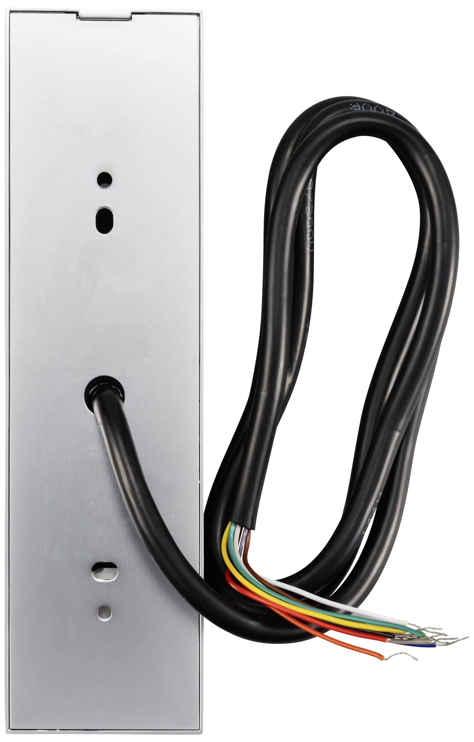 Metal plate with a cable showing several coloured wires, likely for electrical installations or wiring.