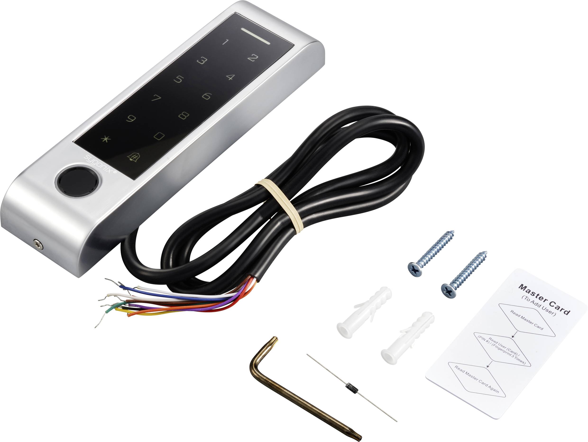 Electronic door lock with cables, screws, and instruction manual included. Features keypad and fingerprint sensor.