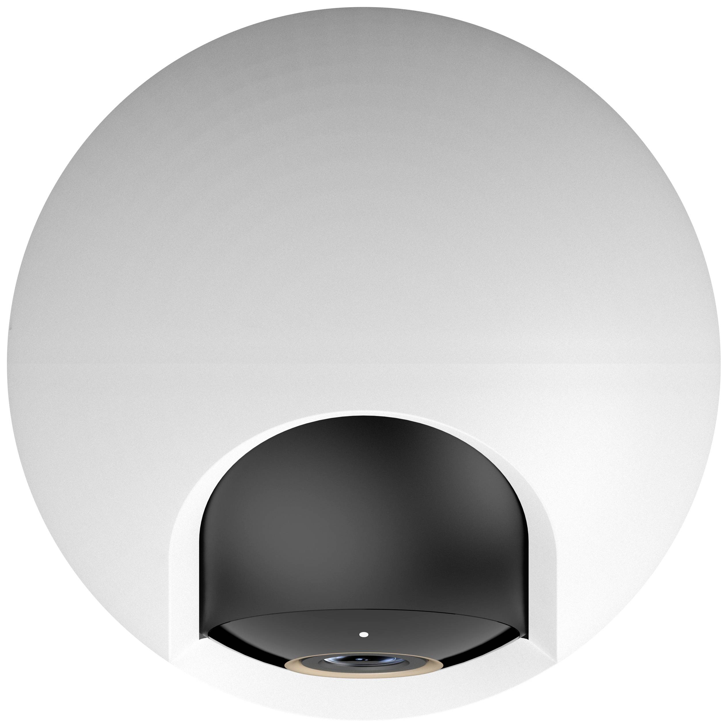 A white dome with an inset camera. The camera is cylindrical and black, identifiable by a lens at the front.