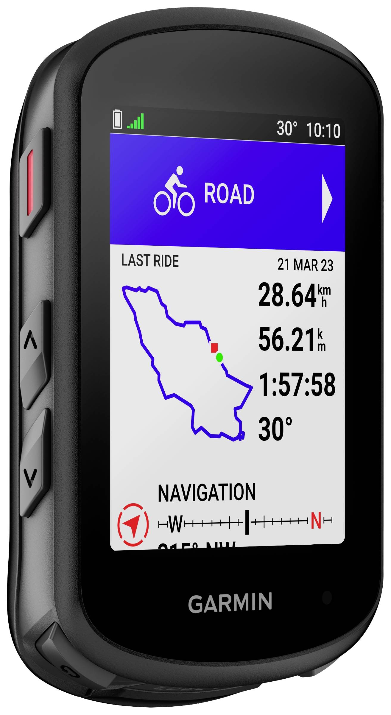 Bicycle navigation device shows 'Last Ride' with 28.64 km, 1 hour 57 minutes and 30 degrees. Map with route and elevation profile included.