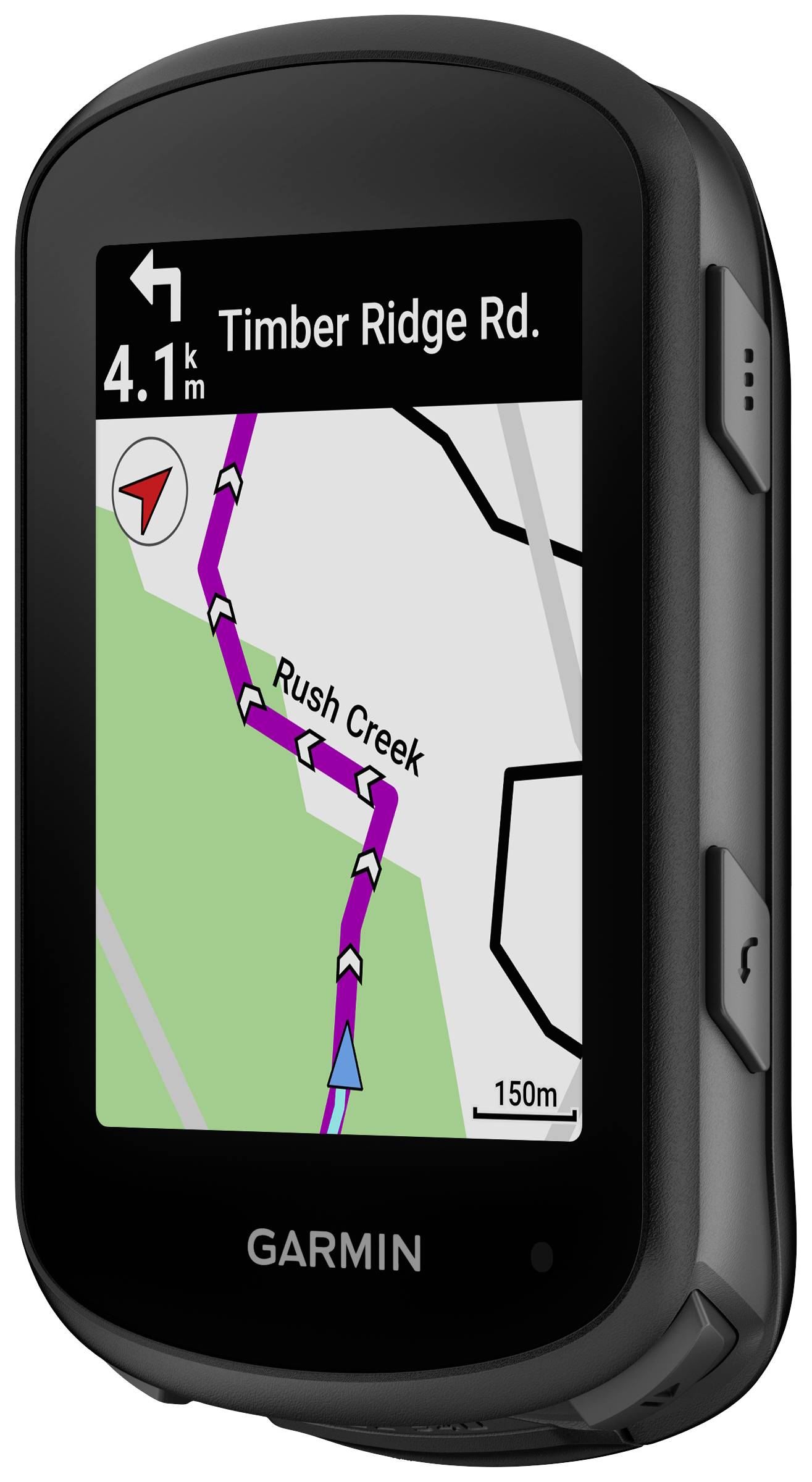 Navigation device shows a route to 'Timber Ridge Road' with a turn onto 'Rush Creek'. Distance to the turn: 4.1 kilometres.