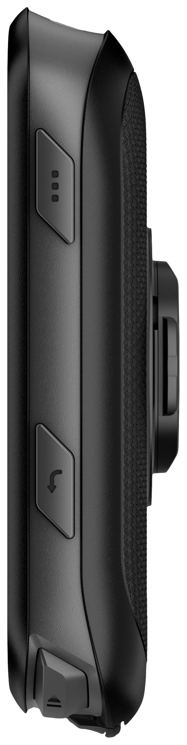 Side view of a black, portable electronic device with two visible buttons and a protruding lens.