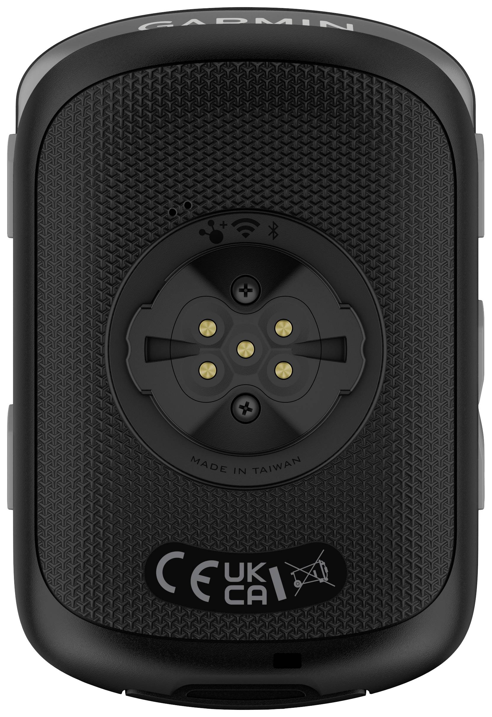 Rear view of a GPS device with mounting system, manufacturer printed on the device. CE and UKCA certifications are visible.