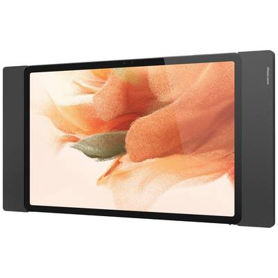 A tablet with a black border and a screen displaying an abstract painting in warm orange and green hues.