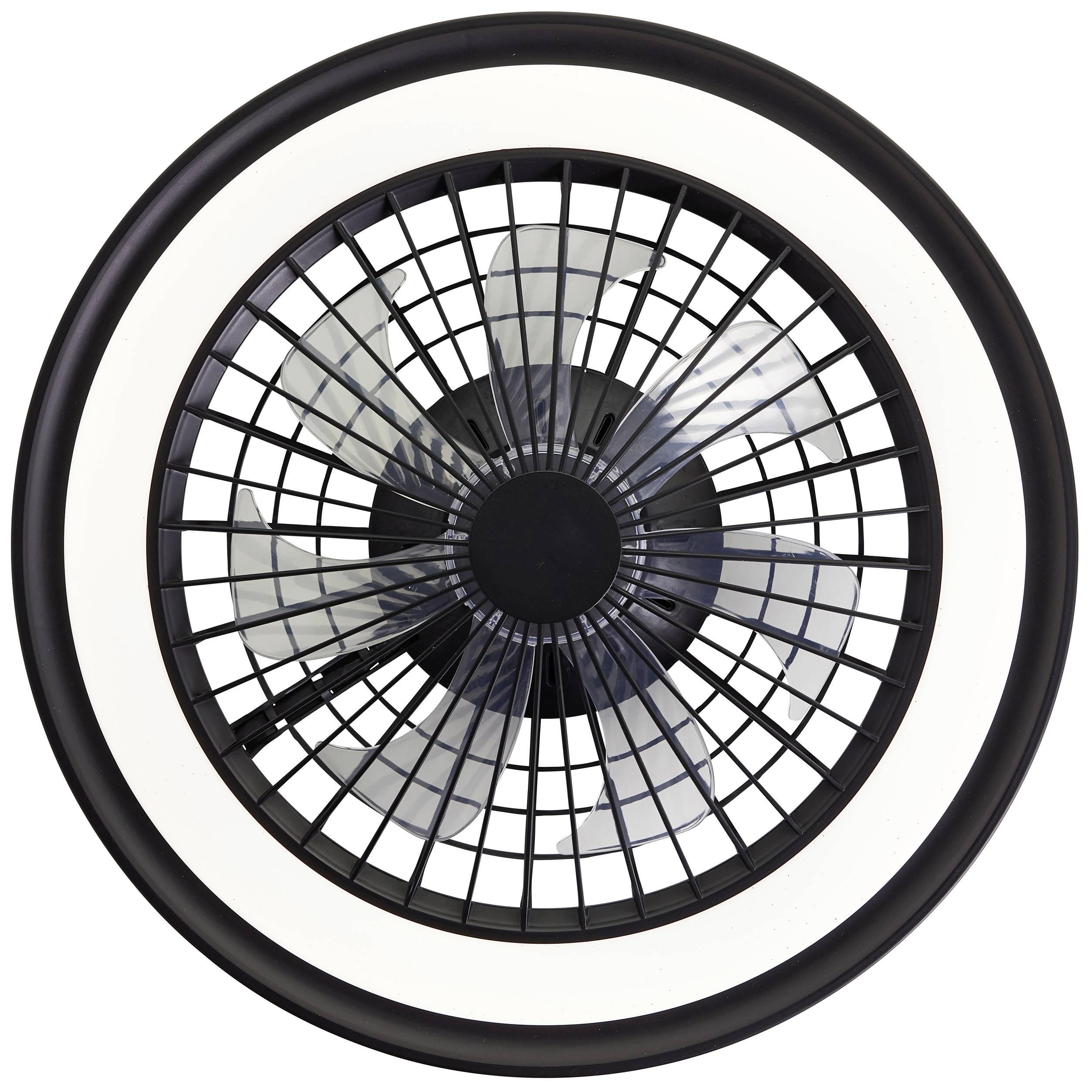 Ceiling fan with protective grille and transparent blades against a white background, viewed from below.