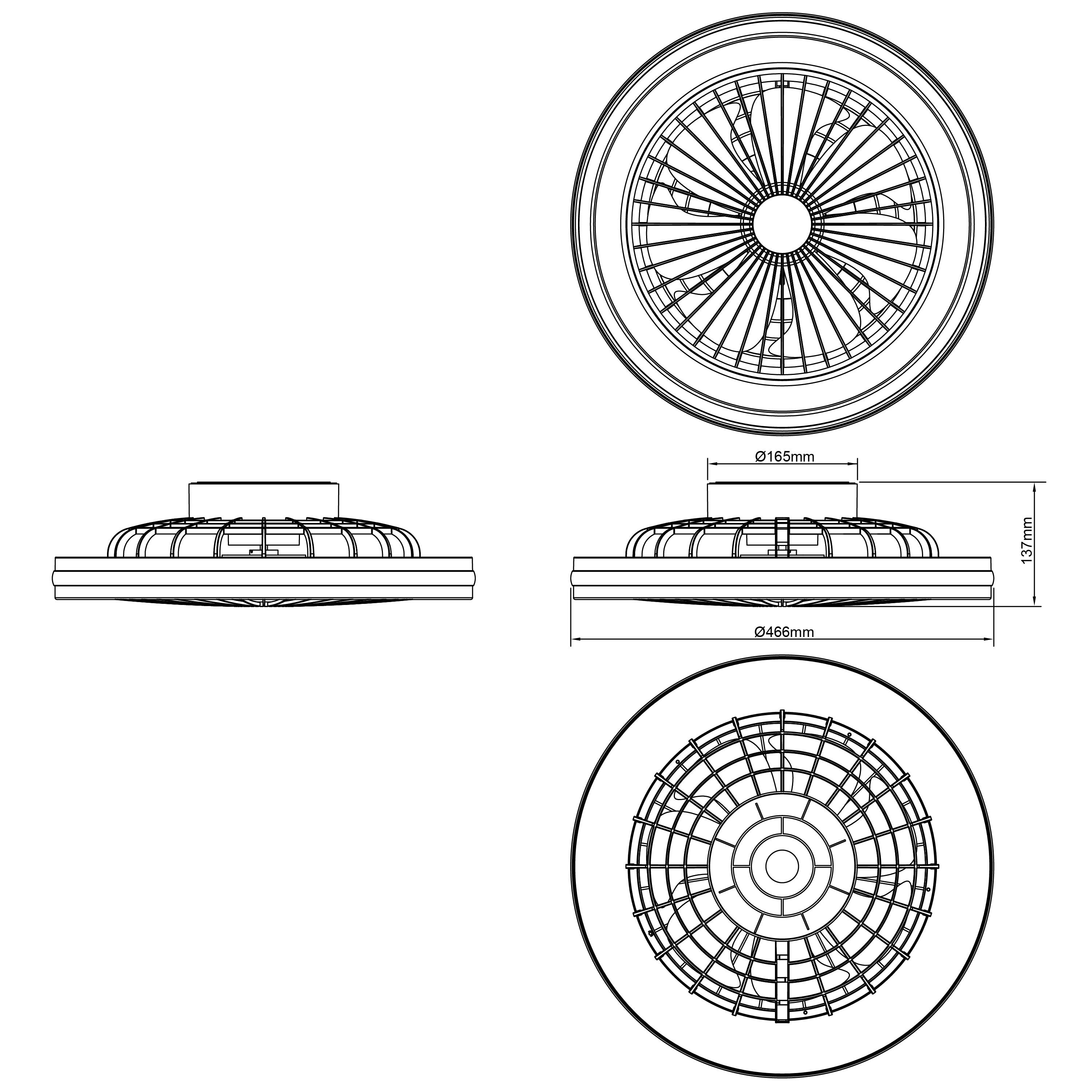 Technical drawing of a round fan with dimensions: diameter at top 165mm, bottom 446mm. Side view and top view are depicted.