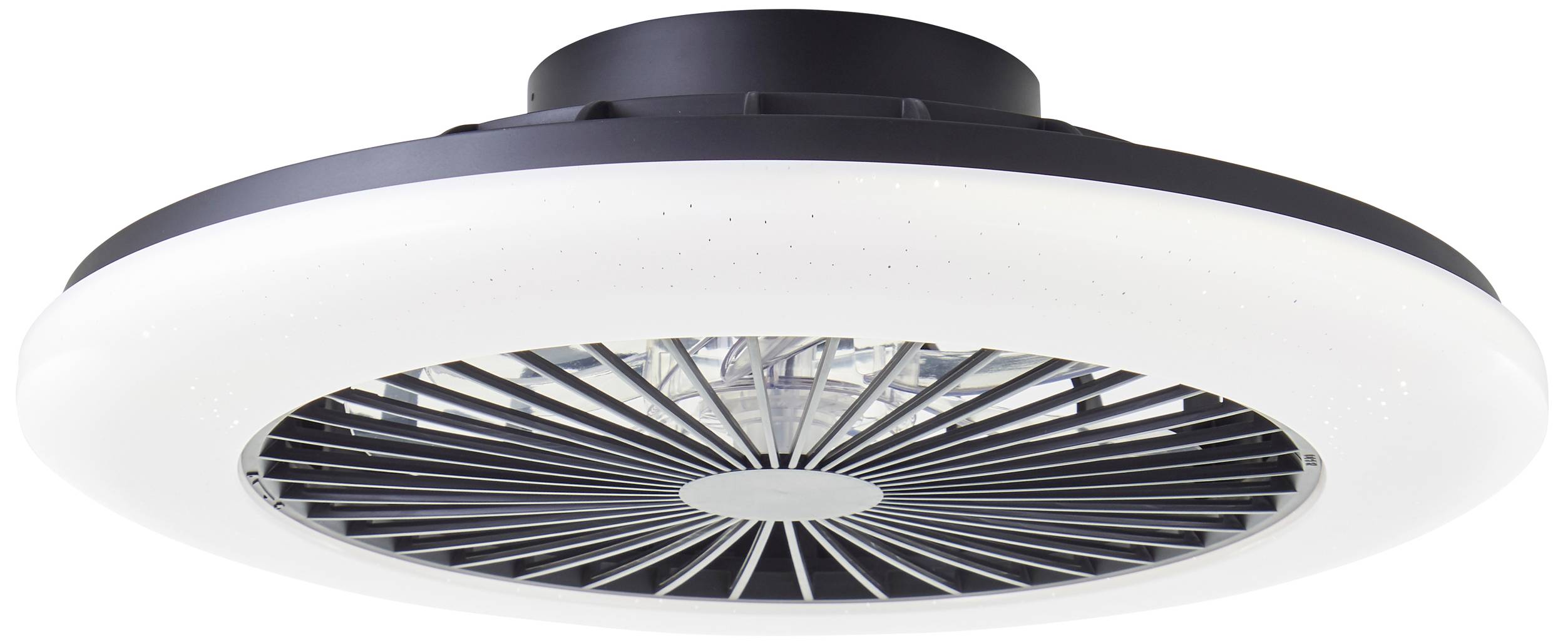 A round LED ceiling light with a modern design. Black housing and mesh pattern in the centre. Illuminates rooms evenly.