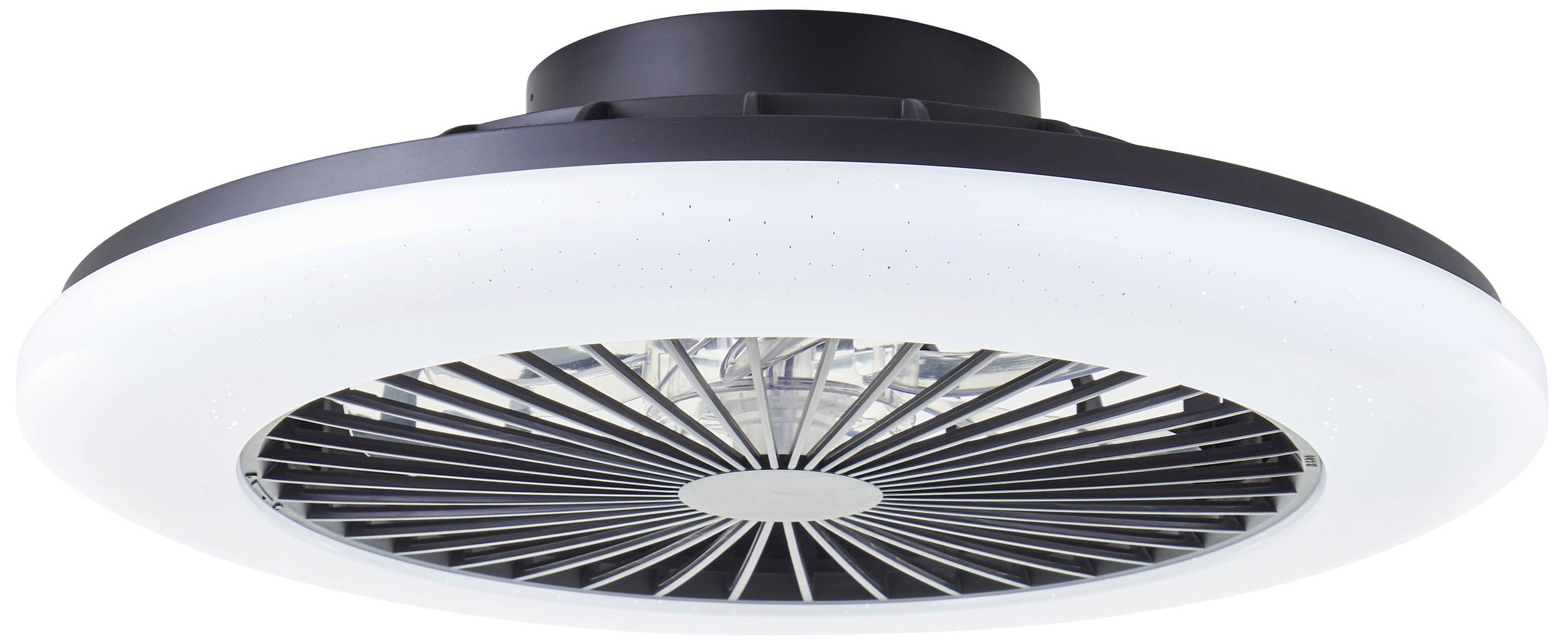 Round ceiling fan with integrated LED light, black housing, circular fan blades. Ideal for modern interiors.