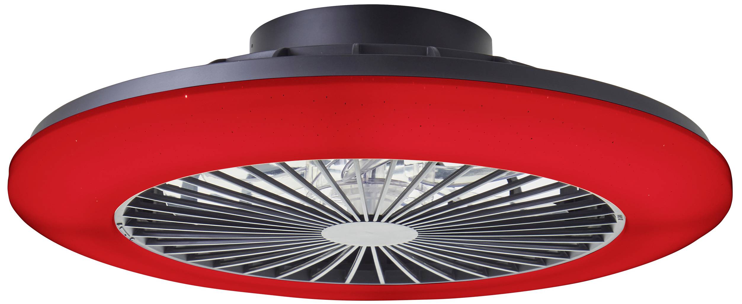 A contemporary ceiling light with a red illumination ring and silver-coloured ventilation slits beneath it.