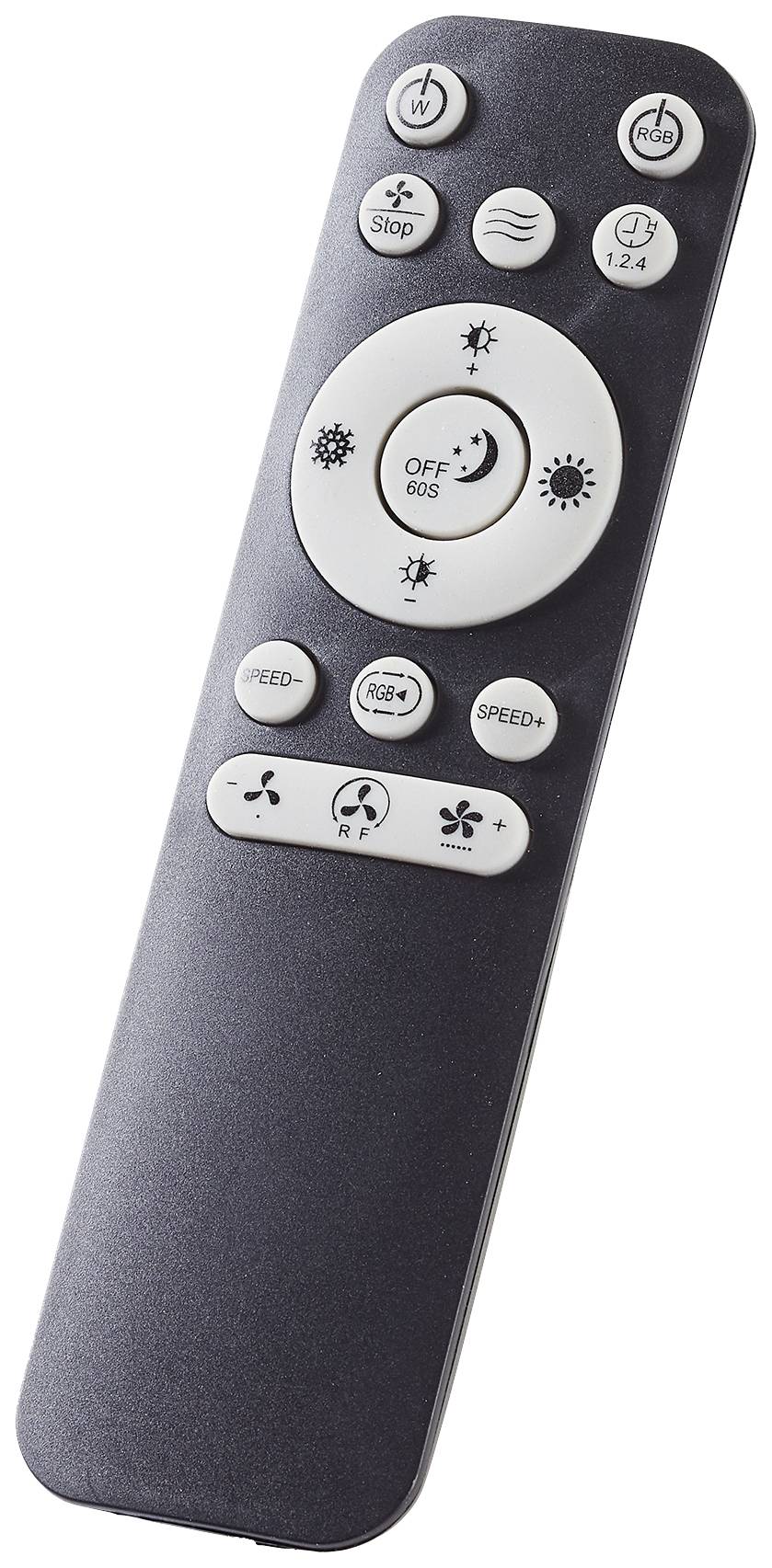 Black remote control with white buttons, including power on/off, light, timer, and speed settings for a fan.