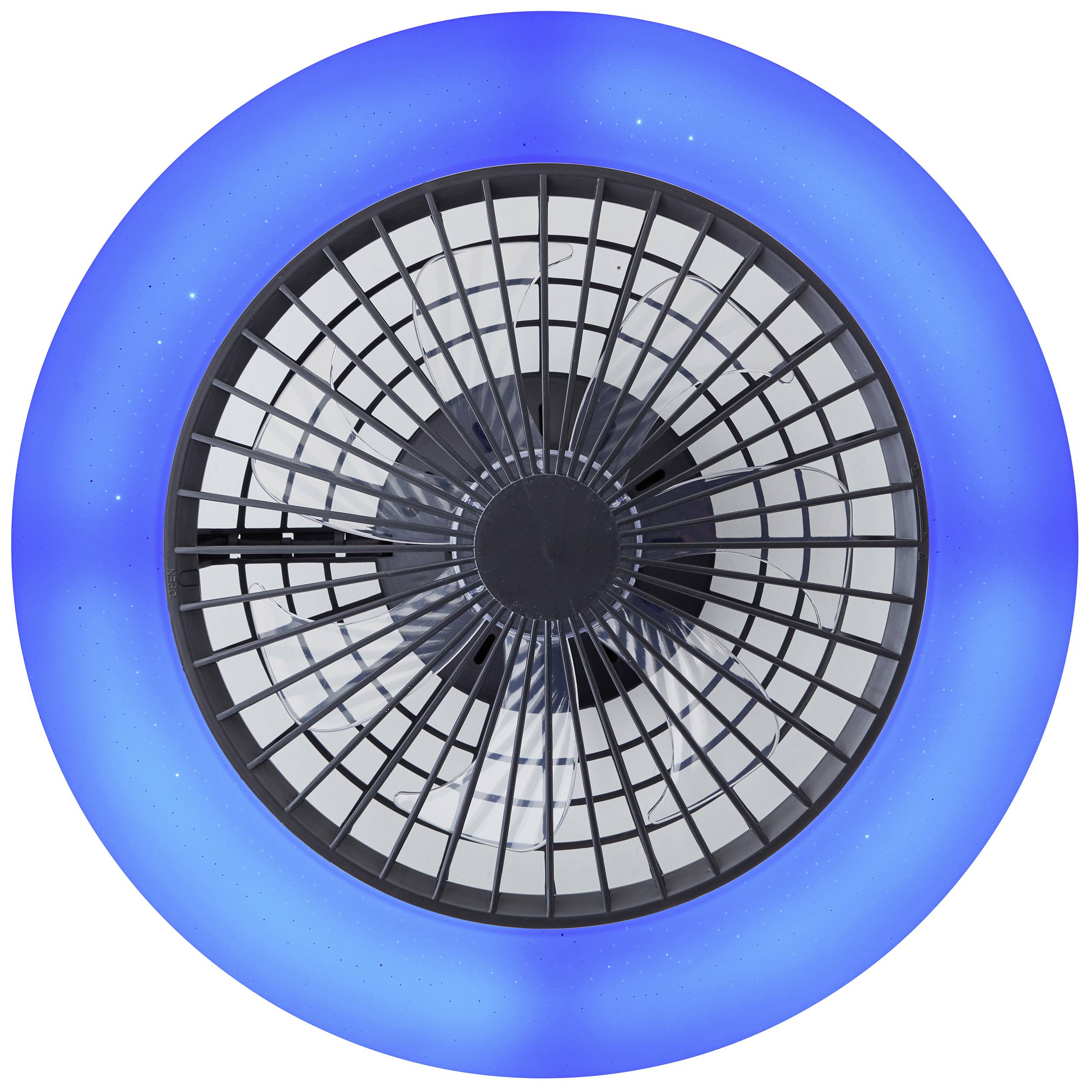 Circular ceiling light with a blue illuminated ring and lattice pattern in the centre, modern style for living spaces.