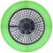 'Ceiling fan with green LED lighting, circular design, black protective grilles and rotor blades, central ventilation unit.'