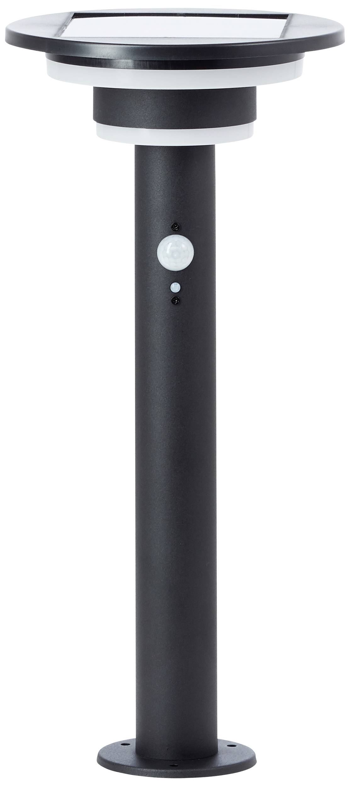 A black solar lamp, standing on a slender post, with a round solar panel on top and a sensor on the front.