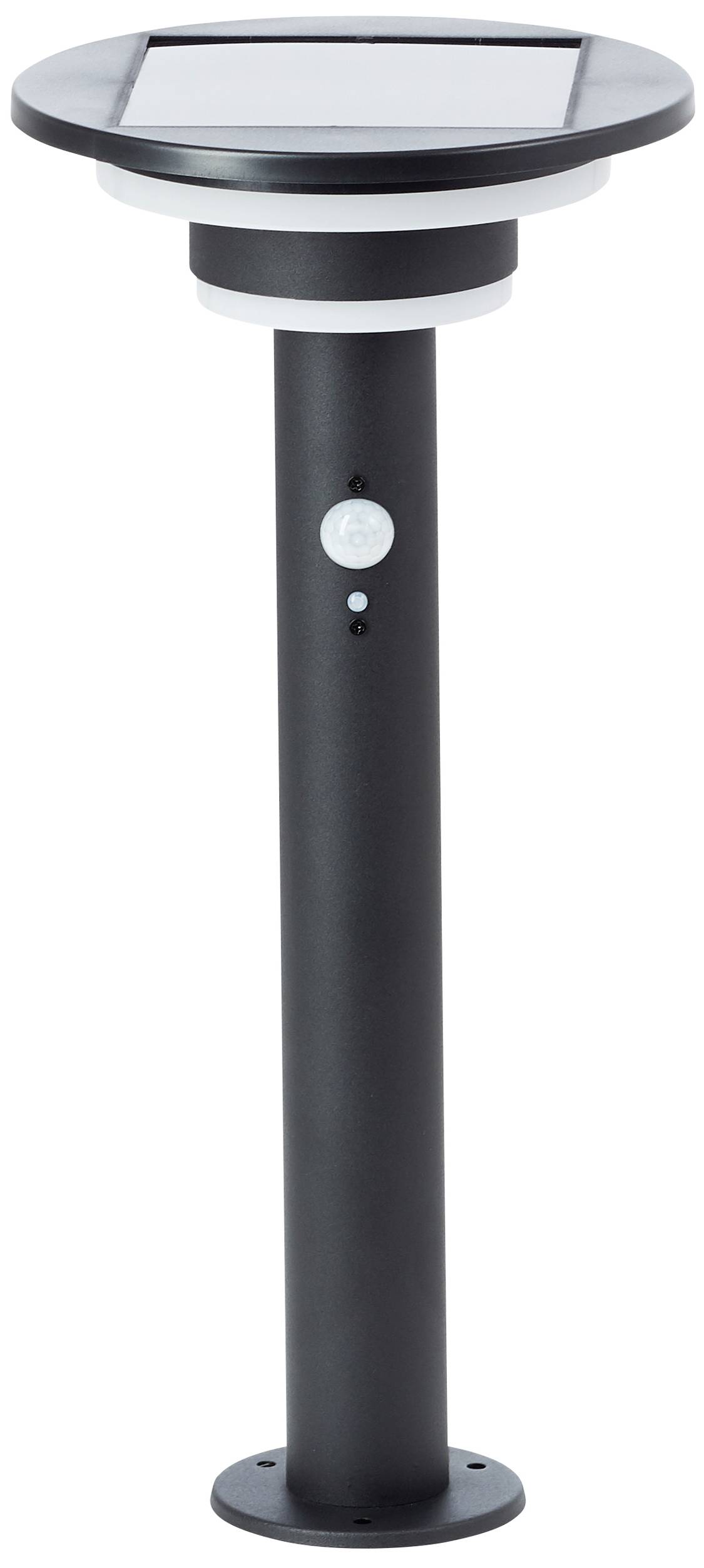 Black solar-powered garden lamp with round head and motion sensor, ideal for outdoor lighting.