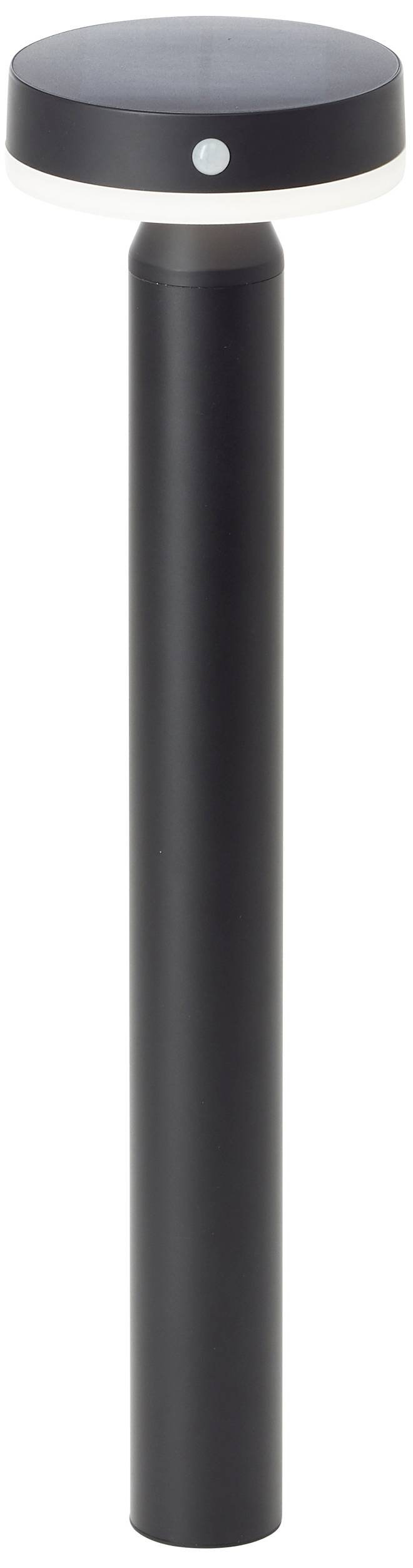 Black, cylindrical solar light with a round, flat head, suitable for outdoor use. Used for pathway illumination.