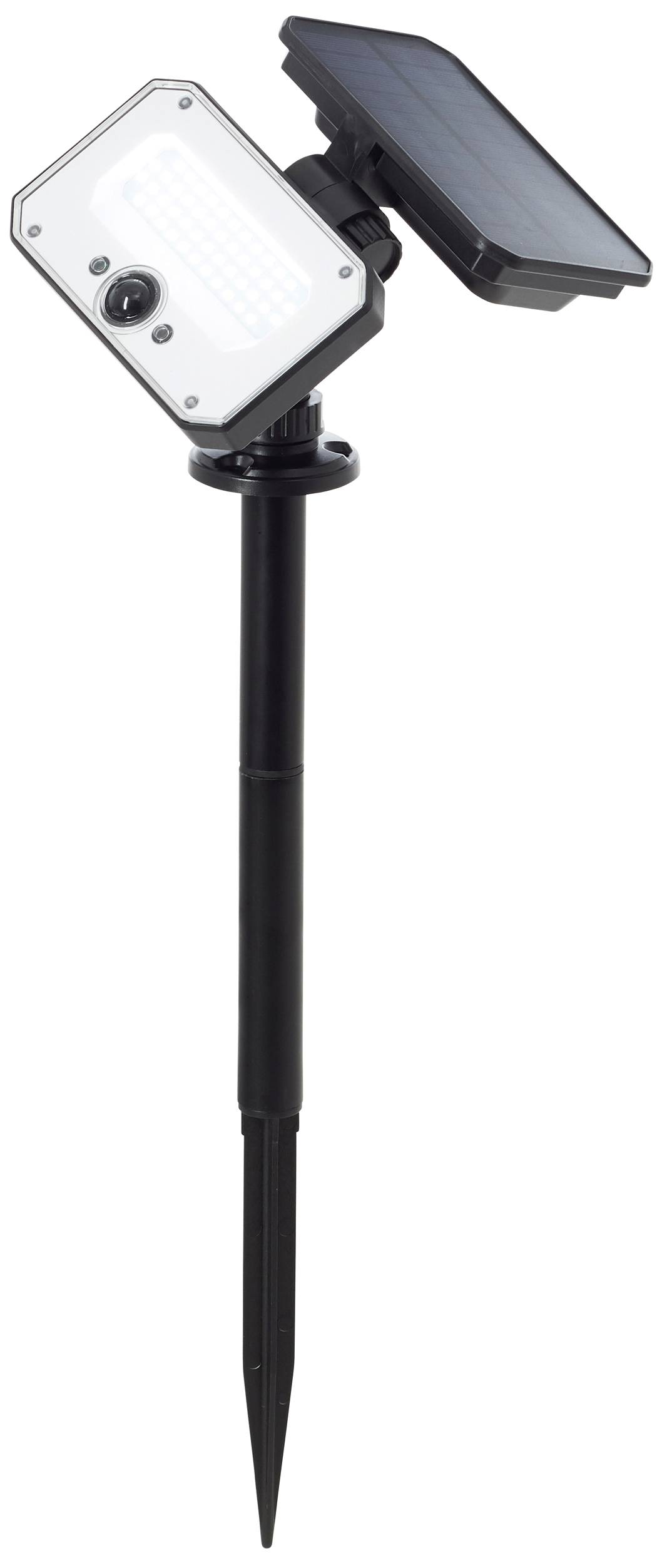 Solar lamp on a pole with a square solar panel and rectangular light body, suitable for outdoor areas.