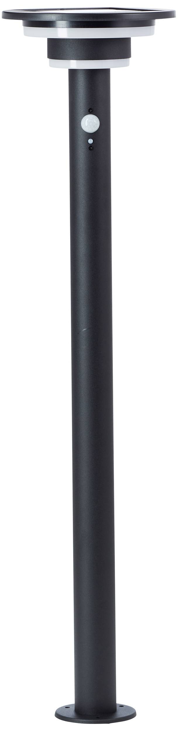 A sleek black outdoor light with a circular lamp head and integrated motion sensor.