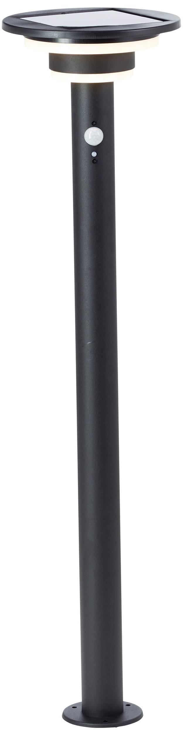 Black, solar-powered garden light with motion sensor on a tall, slender stand. Suitable for outdoor lighting.