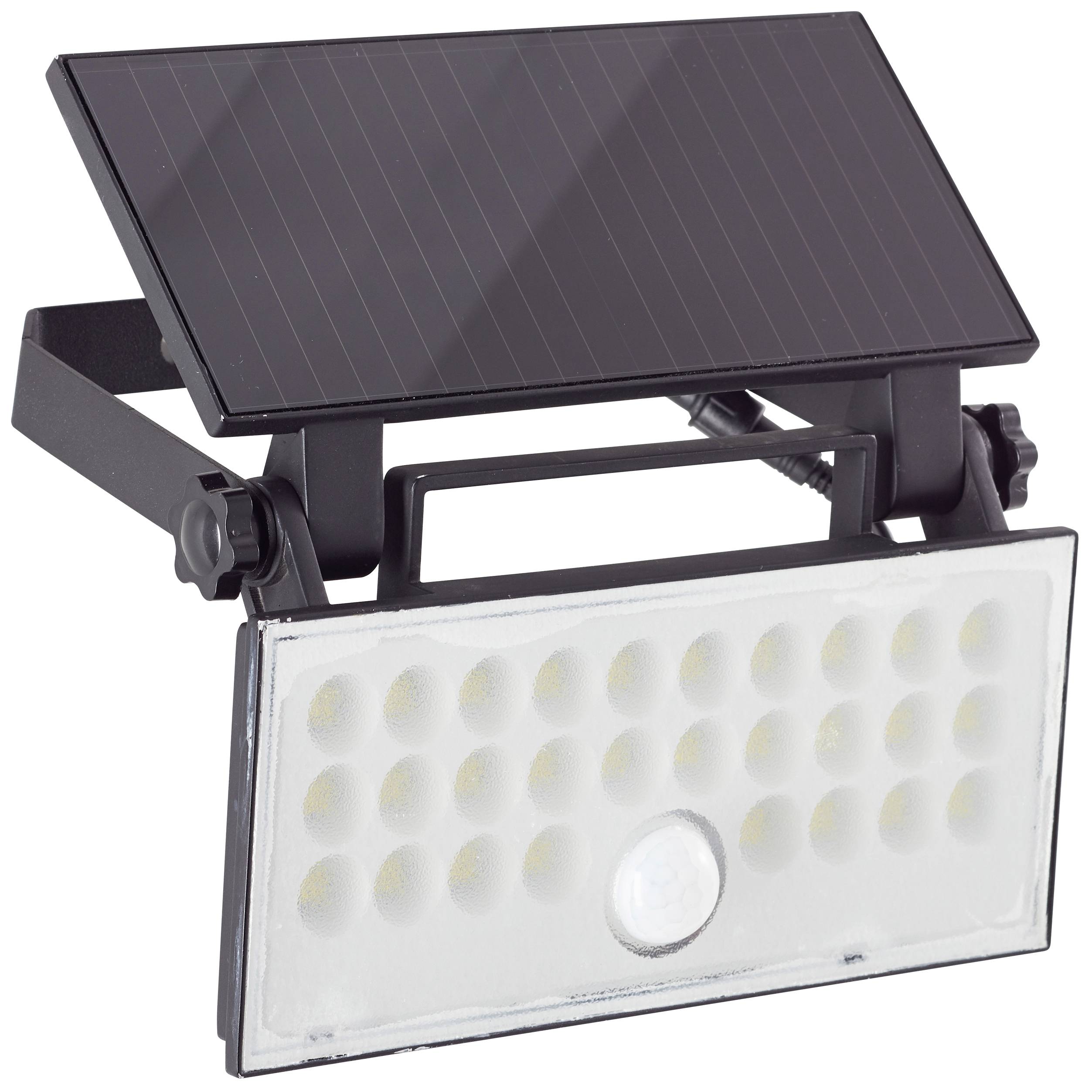 Solar-powered LED floodlight with adjustable solar panel and integrated motion sensor. Ideal for outdoor lighting.