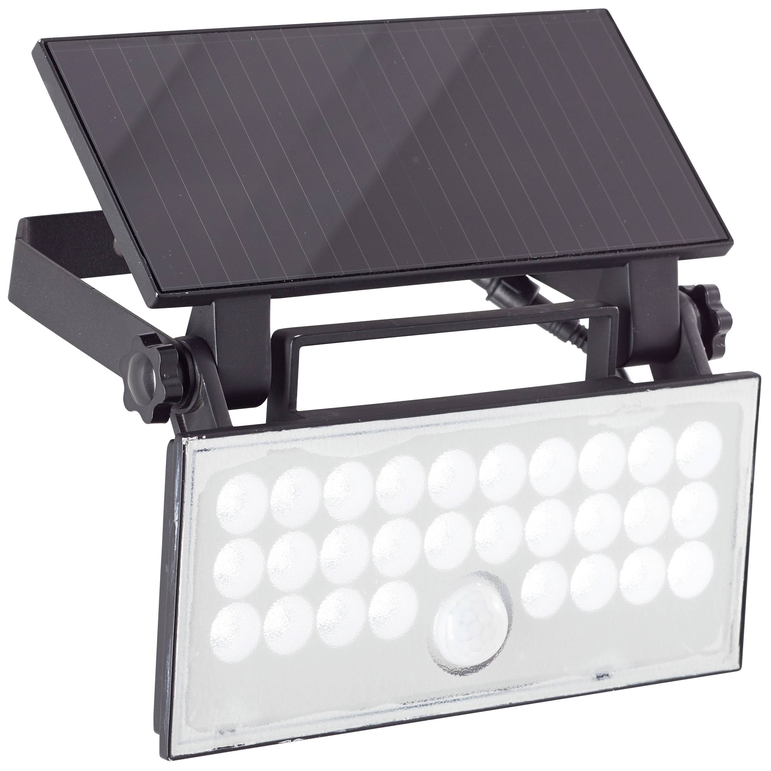A black LED floodlight with solar panel and 28 LEDs. Ideal for energy-efficient outdoor lighting.