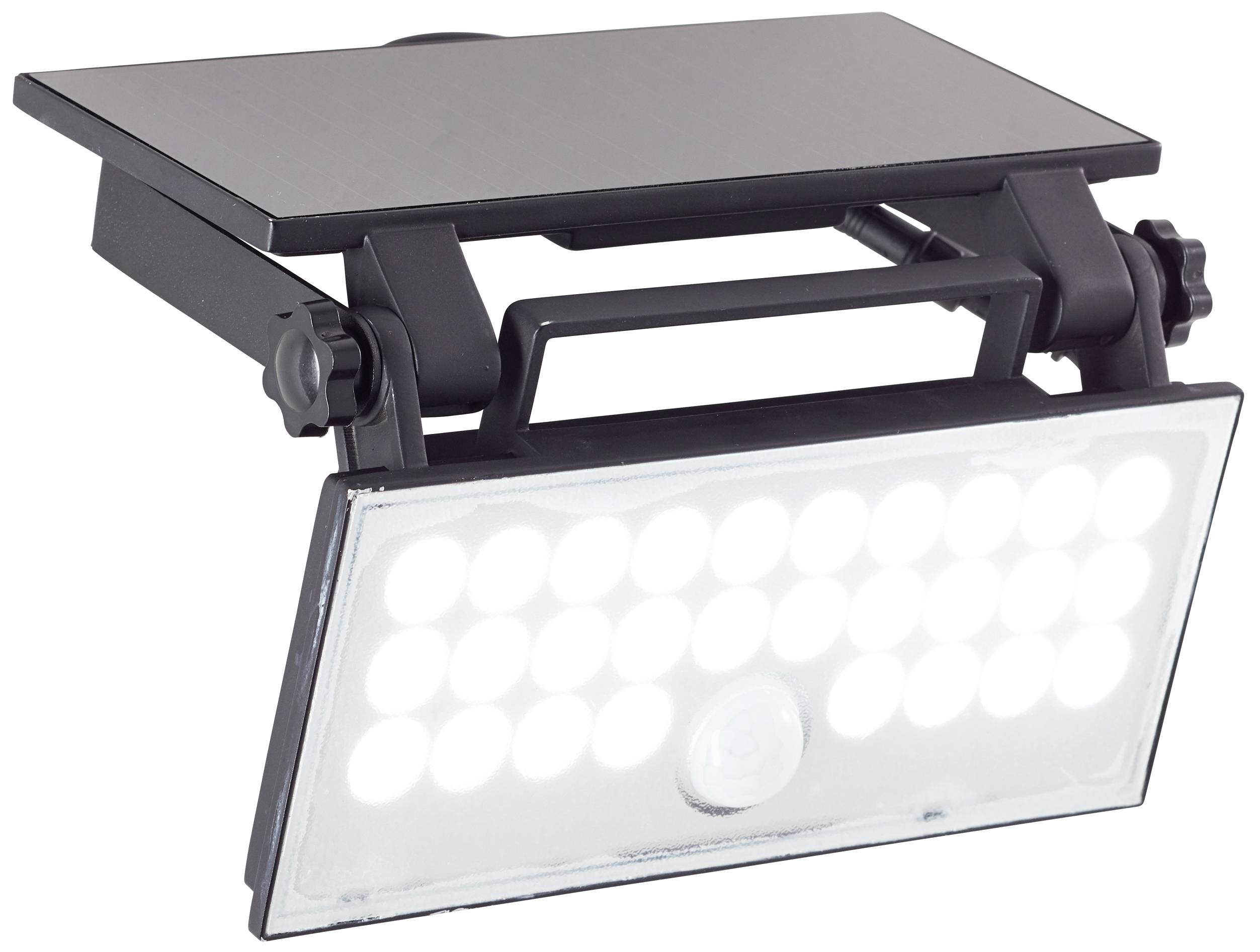Black LED floodlight with mounting bracket, featuring 24 bright LEDs. Suitable for outdoor lighting or construction work.