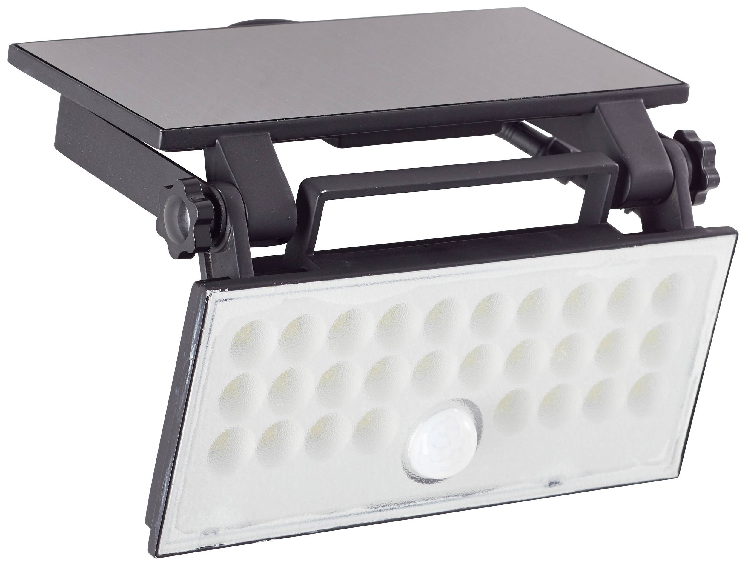 Outdoor light with a rectangular housing, LED lamps, and motion sensor. Ideal for illuminating gardens or entrance areas.