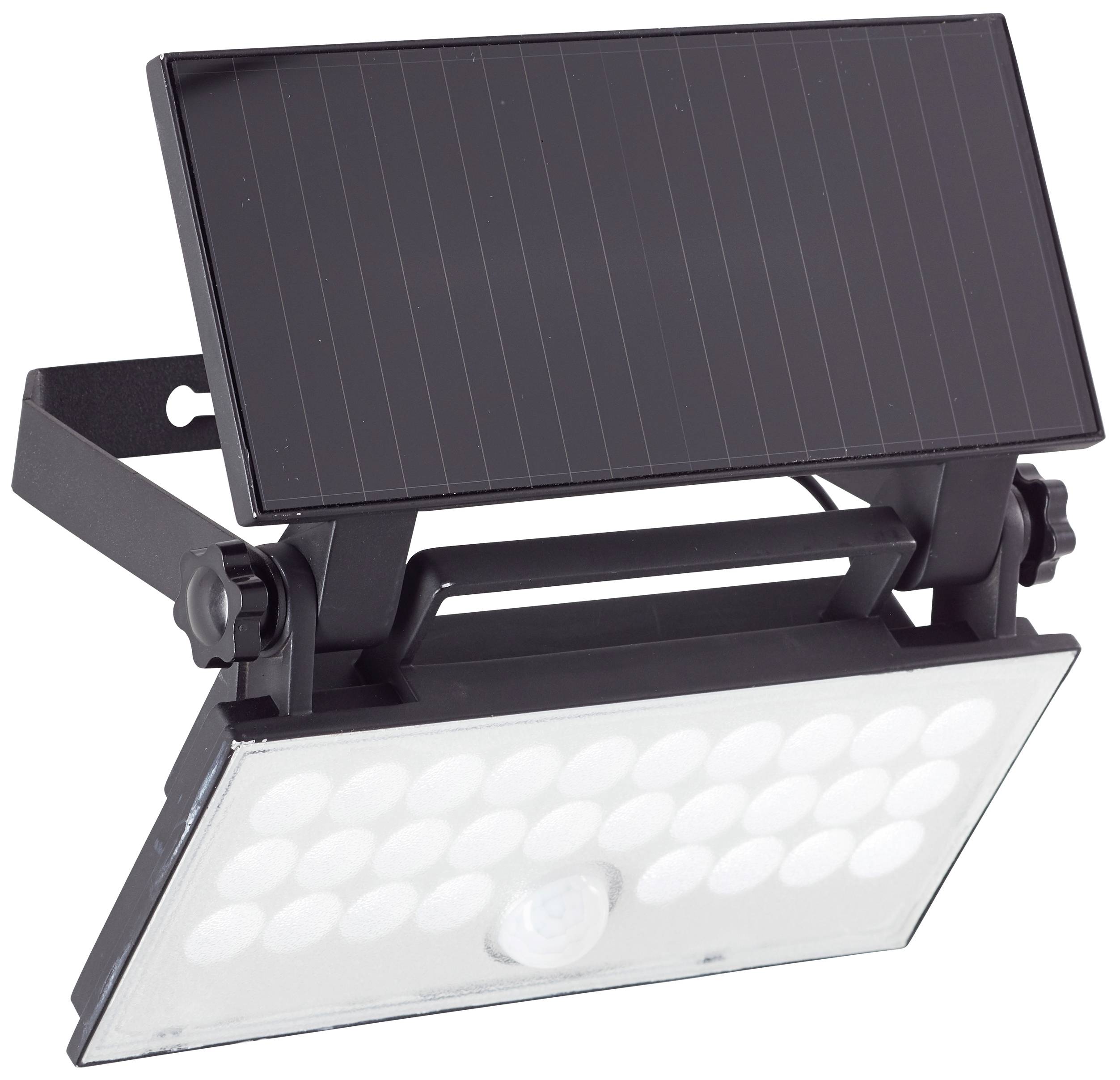 Solar-powered LED floodlight with rectangular solar panel and adjustable mounting bracket. Suitable for outdoor lighting.