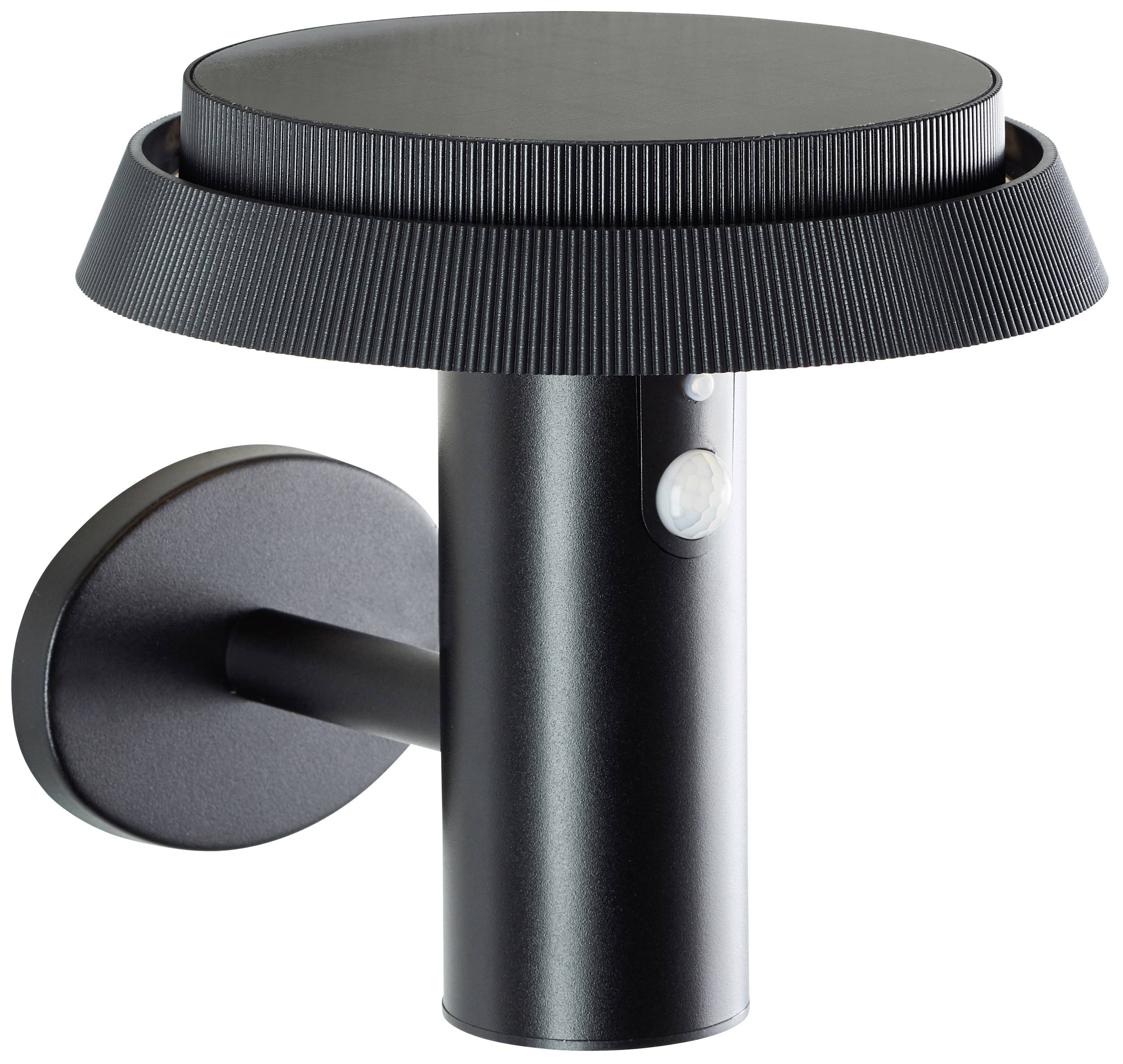 Outdoor wall light with a round, flat lampshade and motion sensor. Wall-mounted. Modern, black design for exterior areas.