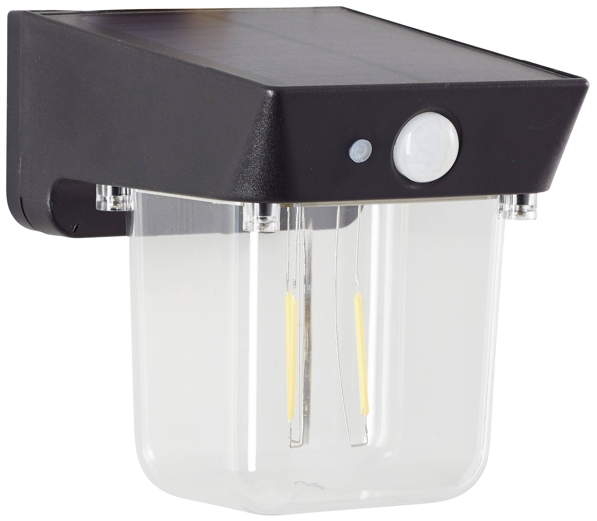 Black and white LED wall light with motion sensor and solar panel, suitable for outdoor use.