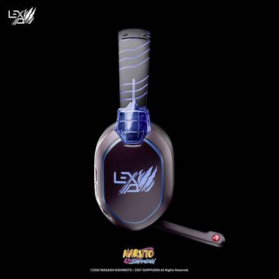 A modern, black and blue gaming headset with the 'LEX' logo on the ear cup, pictured against a black background.