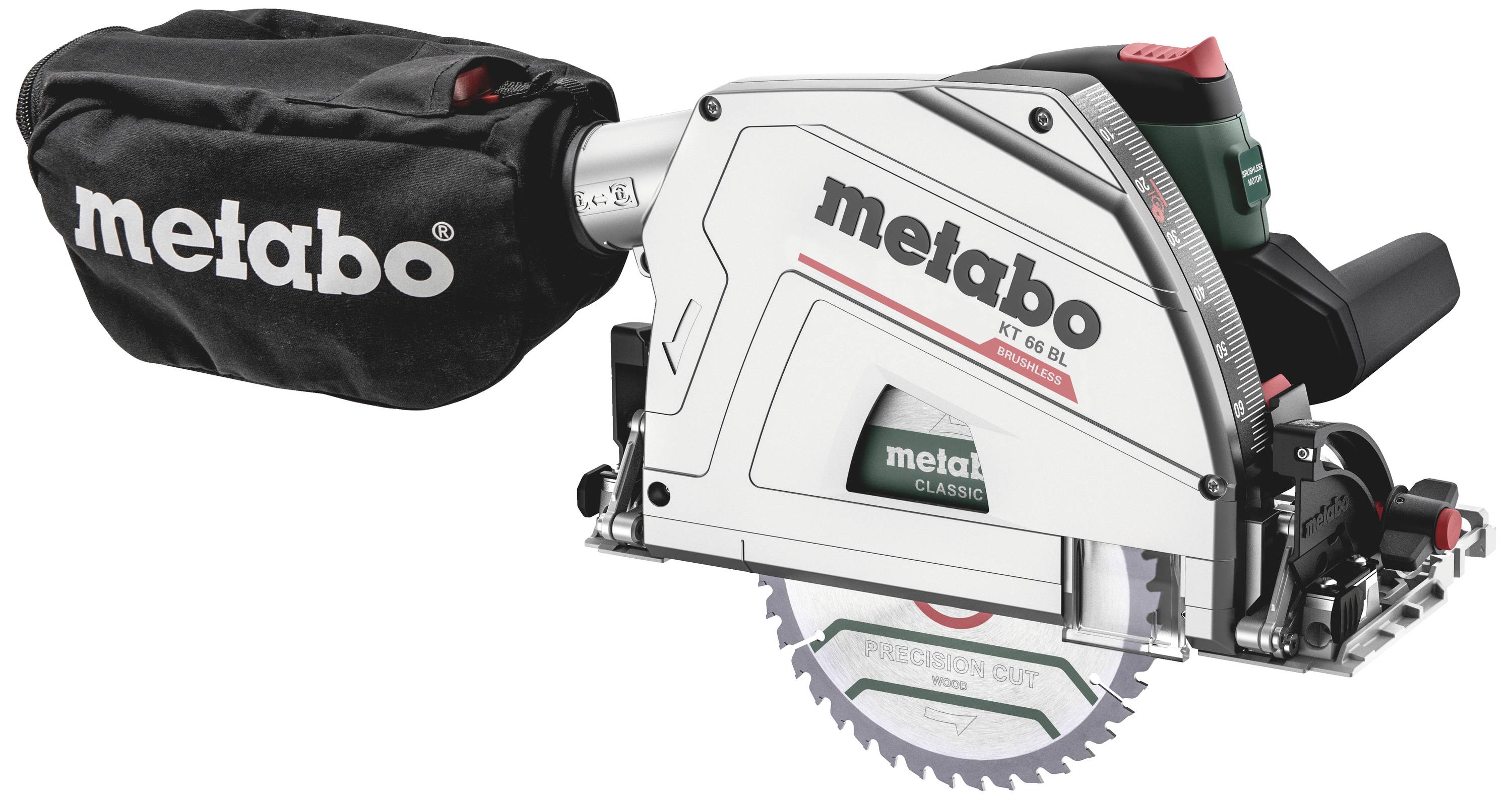 Metabo hand-held circular saw with dust collection bag. The saw has a green handle and a visible saw blade marker.