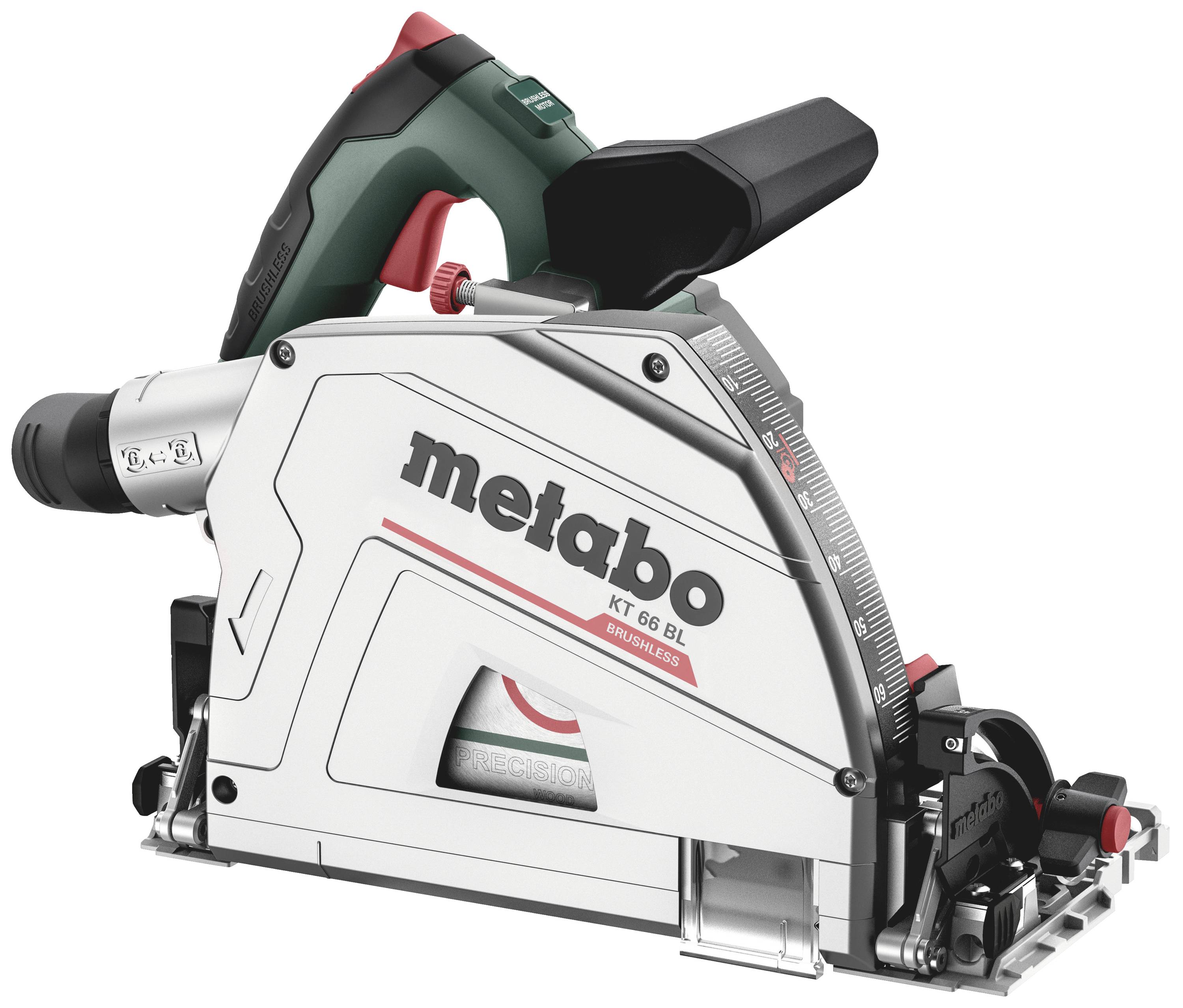 A Metabo plunge saw with a green handle and scale on the side, suitable for precise wood cutting.
