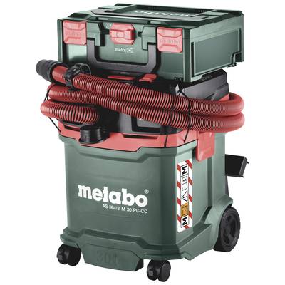 Mobile industrial vacuum cleaner in green and red with hoses and wheels, brand 'Metabo', model AS 36-18 M 30 PC-CC, 30L capacity.