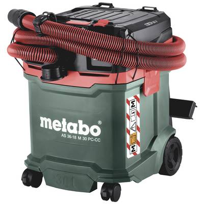 'Metabo AS 36-18 M 30 PC-CC' industrial vacuum cleaner with a red hose, green housing, mounted on wheels. Ideal for construction sites, workshops.