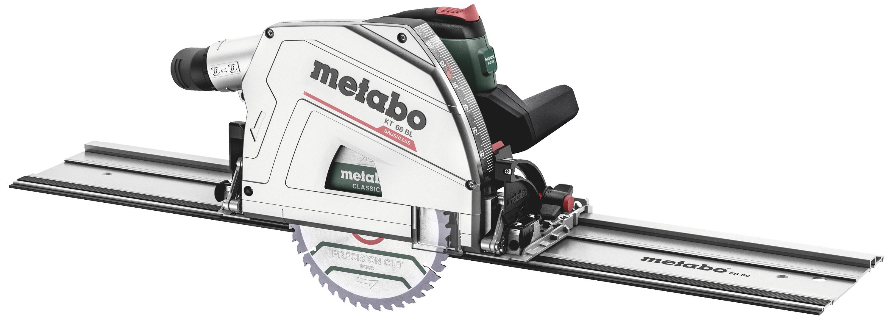 A Metabo plunge circular saw on a guide rail, suitable for precise cuts in wood and other materials.